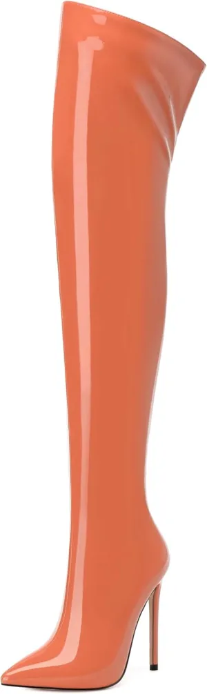 FOGEENA Over the Knee Boots for Women Stiletto High Heel Patent Leather Pointed Toe Zipper 4.7 Inch Thigh High Boots Fashion Sexy Dating Party Fall Winter Boots