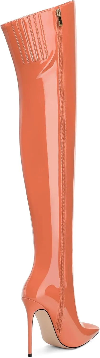 FOGEENA Over the Knee Boots for Women Stiletto High Heel Patent Leather Pointed Toe Zipper 4.7 Inch Thigh High Boots Fashion Sexy Dating Party Fall Winter Boots