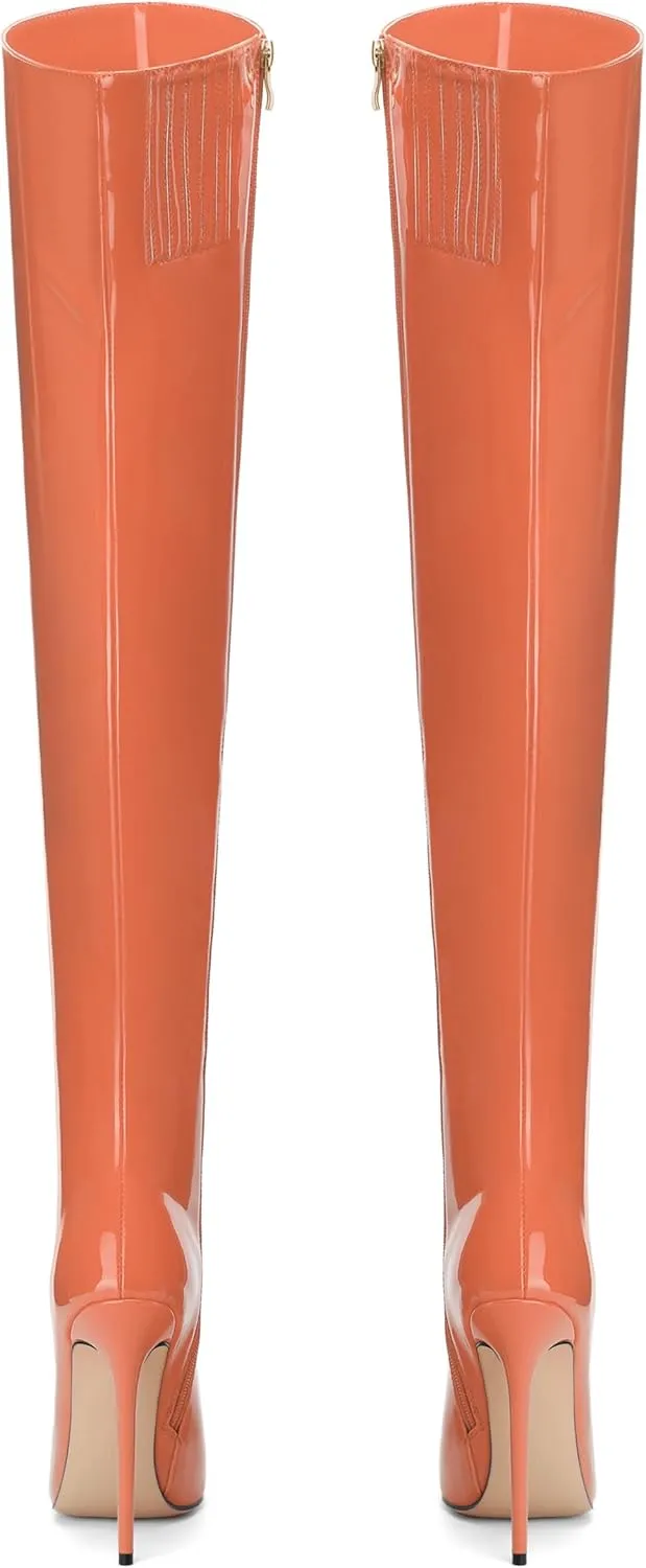 FOGEENA Over the Knee Boots for Women Stiletto High Heel Patent Leather Pointed Toe Zipper 4.7 Inch Thigh High Boots Fashion Sexy Dating Party Fall Winter Boots