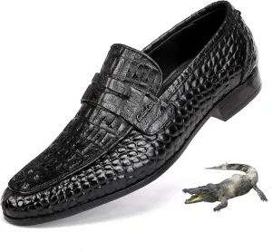 Formal Mens Leather Dress Shoes, Classic Ostrich Pattern Slip On Buckle Loafers Business Shoes Party Wedding Leather Loafers for Mens, Black