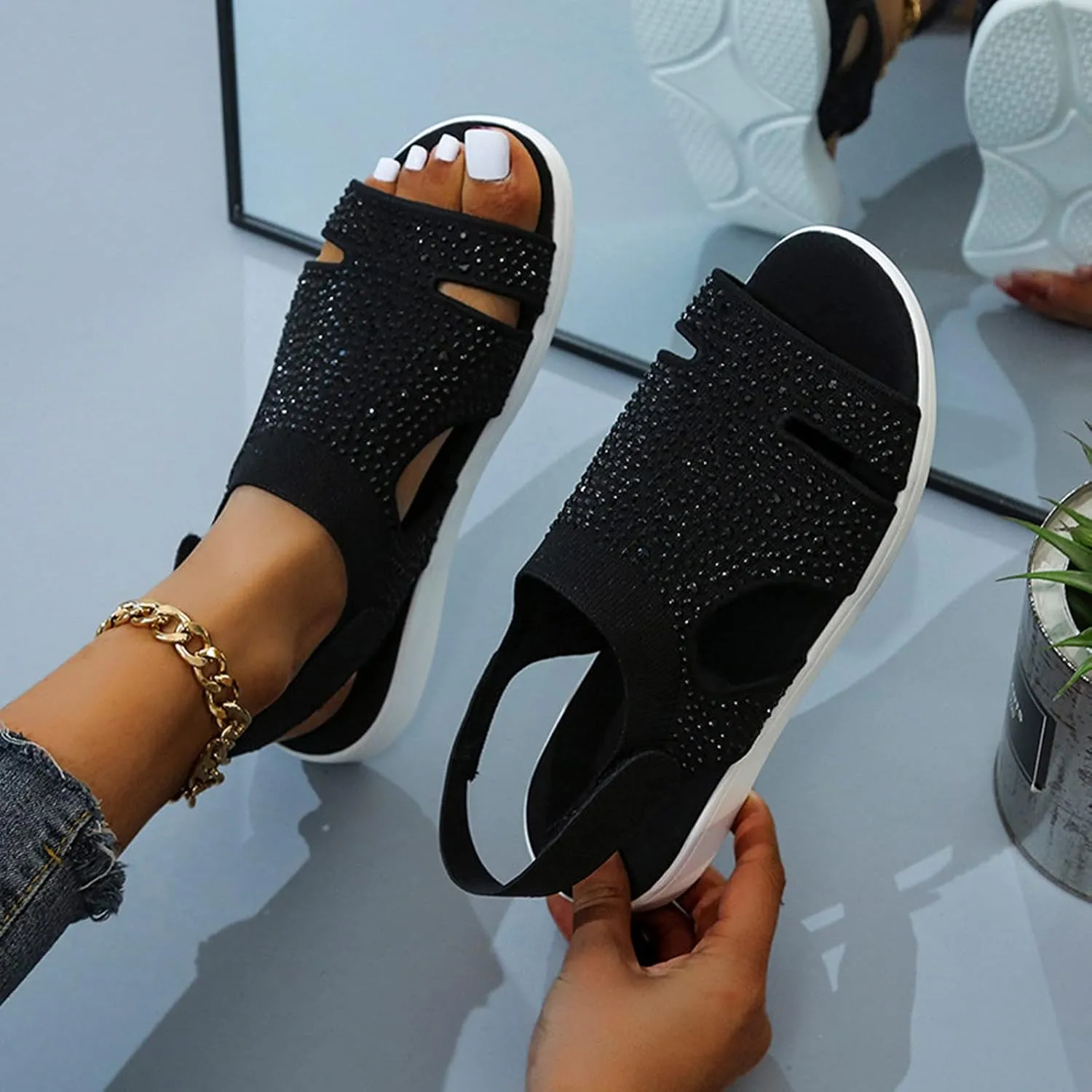 Fululuer Women Summer Washable Slingback Orthopedic Slide Sport Sandals,Super Comfy Sports Knit Sandals Mesh Soft Sole Fashion Women's Shoes Walking Sandals Women Arch Support Wide Width Sandals