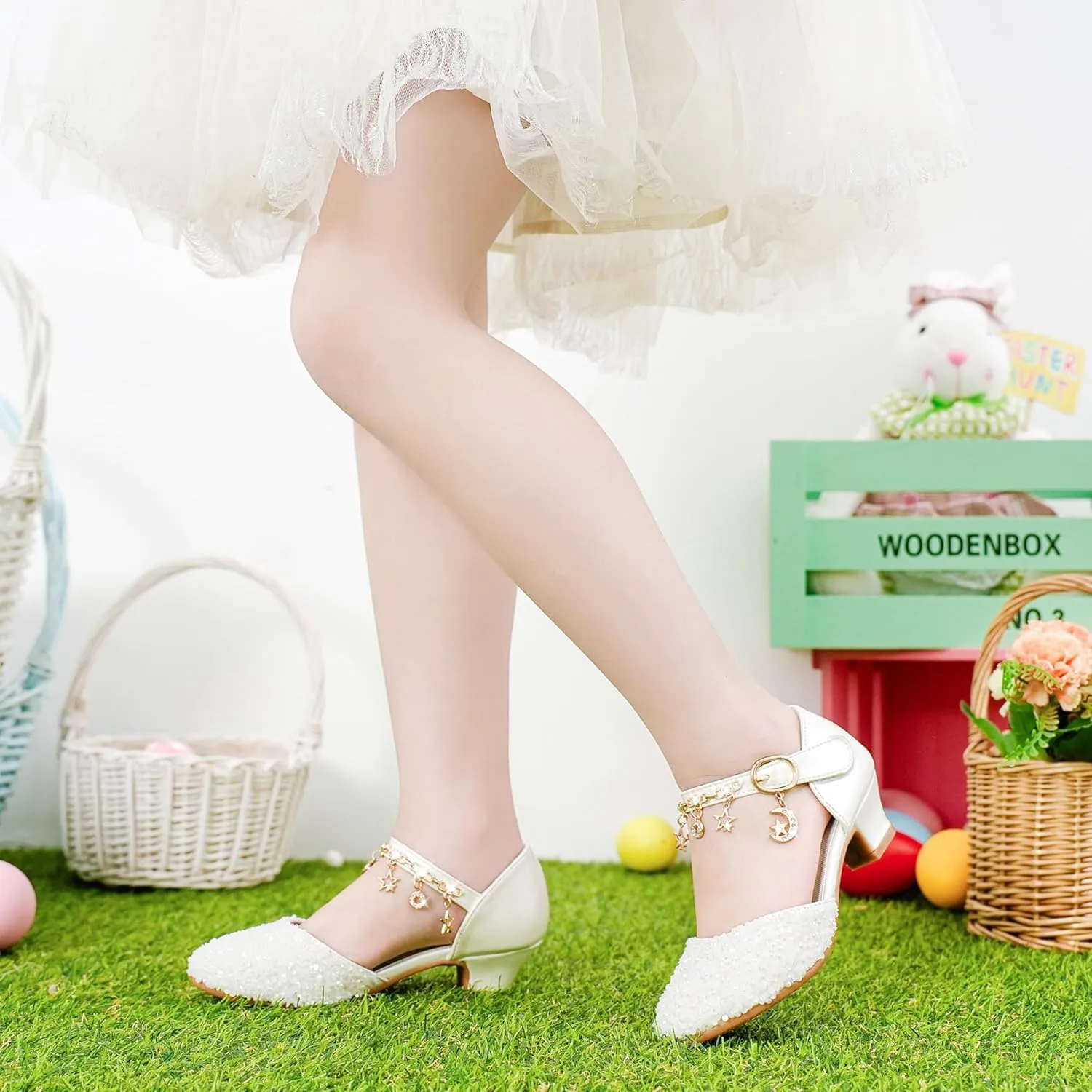 Furdeour Girls Dress Shoes Princess Crystal High Heels Closed Toe Party Wedding Flower Girls Shoes Toddler Little Big Kid