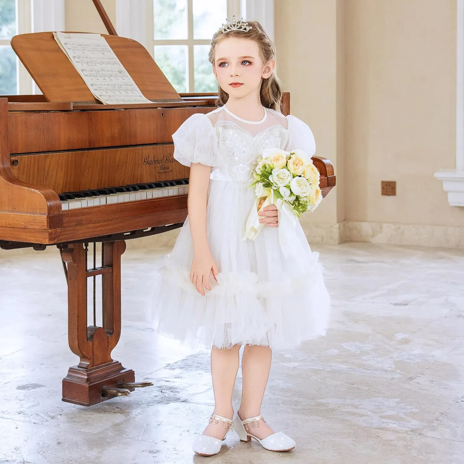 Furdeour Girls Dress Shoes Princess Crystal High Heels Closed Toe Party Wedding Flower Girls Shoes Toddler Little Big Kid