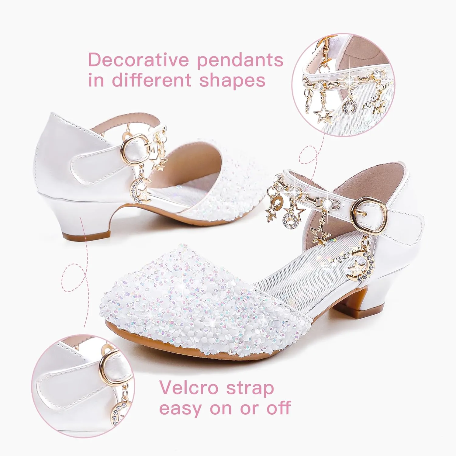 Furdeour Girls Dress Shoes Princess Crystal High Heels Closed Toe Party Wedding Flower Girls Shoes Toddler Little Big Kid