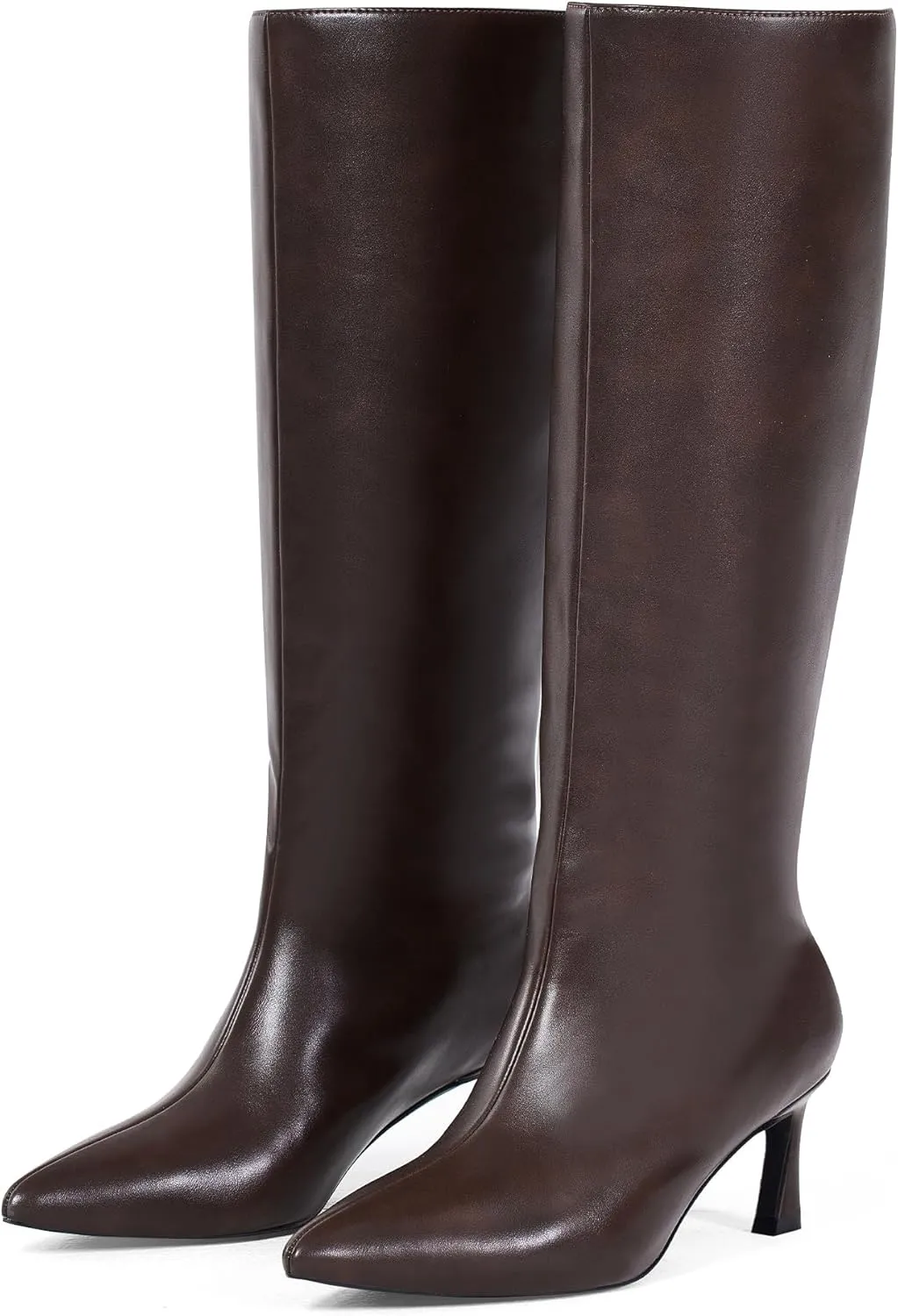 GENSHUO Knee High Boots Women Low Kitten Heel Long Tall Boots with Pointed Toe Winter Fall Sexy Fashion Comfortable Dress Shoes