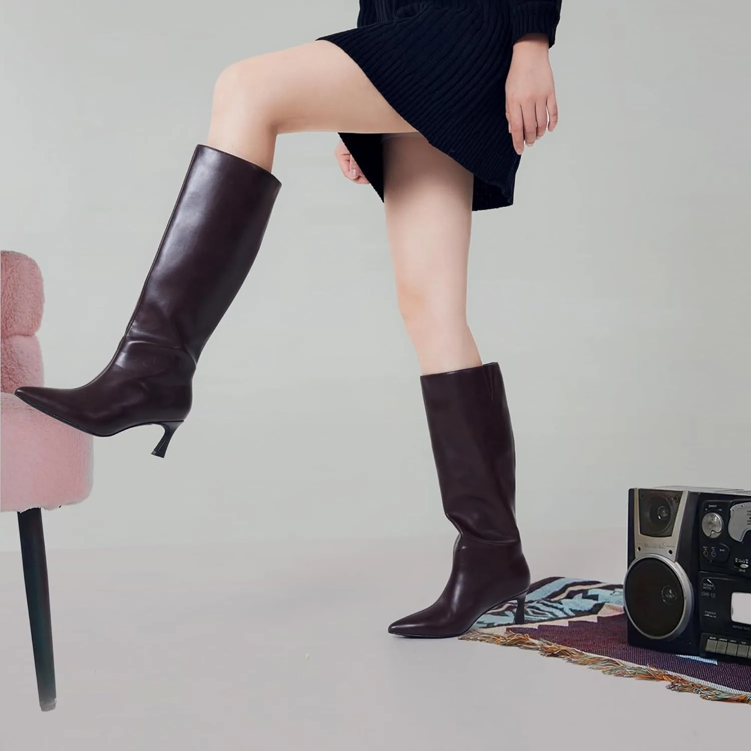GENSHUO Knee High Boots Women Low Kitten Heel Long Tall Boots with Pointed Toe Winter Fall Sexy Fashion Comfortable Dress Shoes