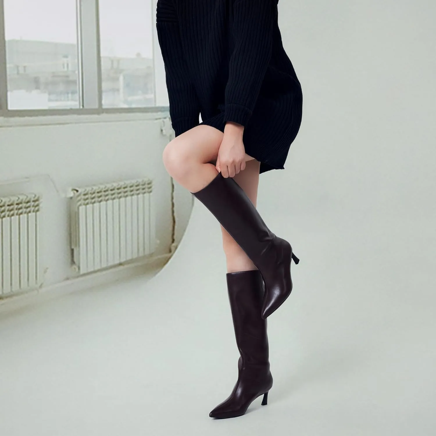 GENSHUO Knee High Boots Women Low Kitten Heel Long Tall Boots with Pointed Toe Winter Fall Sexy Fashion Comfortable Dress Shoes