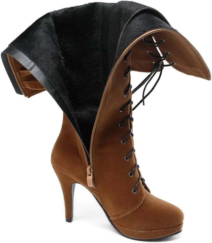 getmorebeauty Womens Knee High Boots Suede Buckle Rock Lace Up Zipped Thigh High Heel Boots