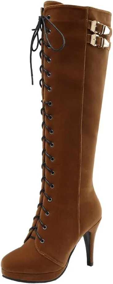getmorebeauty Womens Knee High Boots Suede Buckle Rock Lace Up Zipped Thigh High Heel Boots