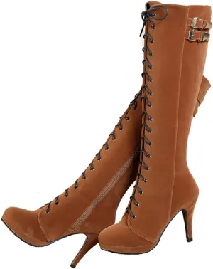 getmorebeauty Womens Knee High Boots Suede Buckle Rock Lace Up Zipped Thigh High Heel Boots