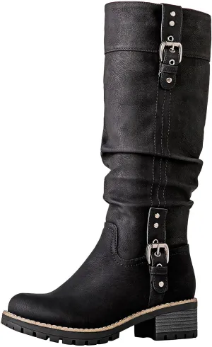 GLOBALWIN Women's Chunky Low Heels Boots Knee High Boots For Women