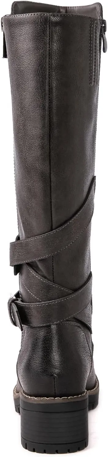GLOBALWIN Women's Knee High Boots Tall Fashion Riding Boots For Women With Side Zipper Chunky Low Heel