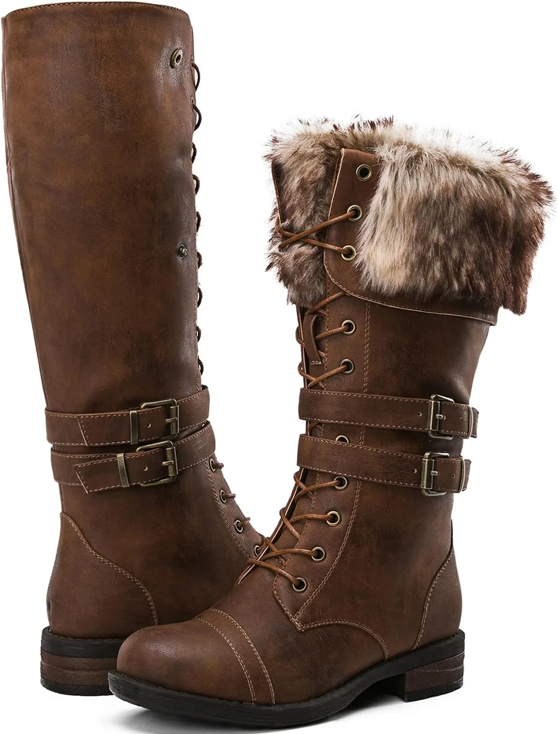 GLOBALWIN Women's Mid Calf To Knee High Boots Dressy Lace Up Combat Boots for Women Low Heel