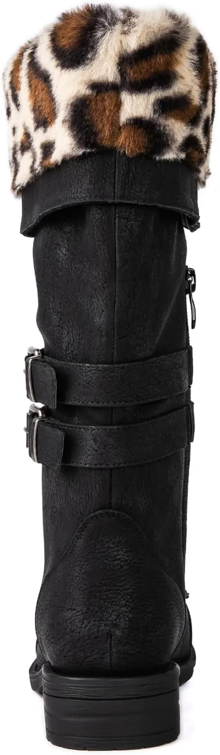 GLOBALWIN Women's Mid Calf To Knee High Boots Dressy Lace Up Combat Boots for Women Low Heel