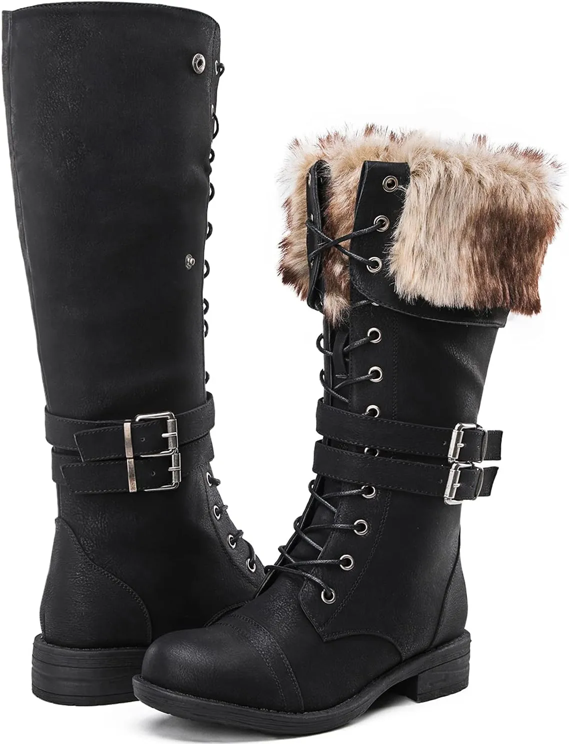 GLOBALWIN Women's Mid Calf To Knee High Boots Dressy Lace Up Combat Boots for Women Low Heel