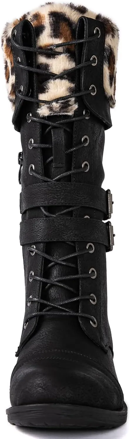 GLOBALWIN Women's Mid Calf To Knee High Boots Dressy Lace Up Combat Boots for Women Low Heel