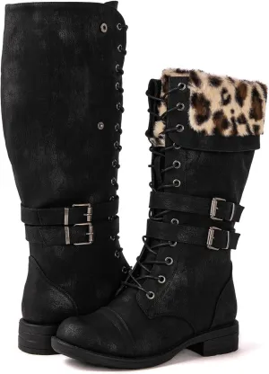 GLOBALWIN Women's Mid Calf To Knee High Boots Dressy Lace Up Combat Boots for Women Low Heel