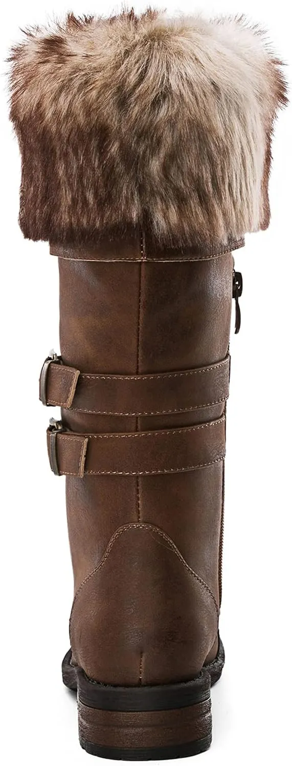 GLOBALWIN Women's Mid Calf To Knee High Boots Dressy Lace Up Combat Boots for Women Low Heel