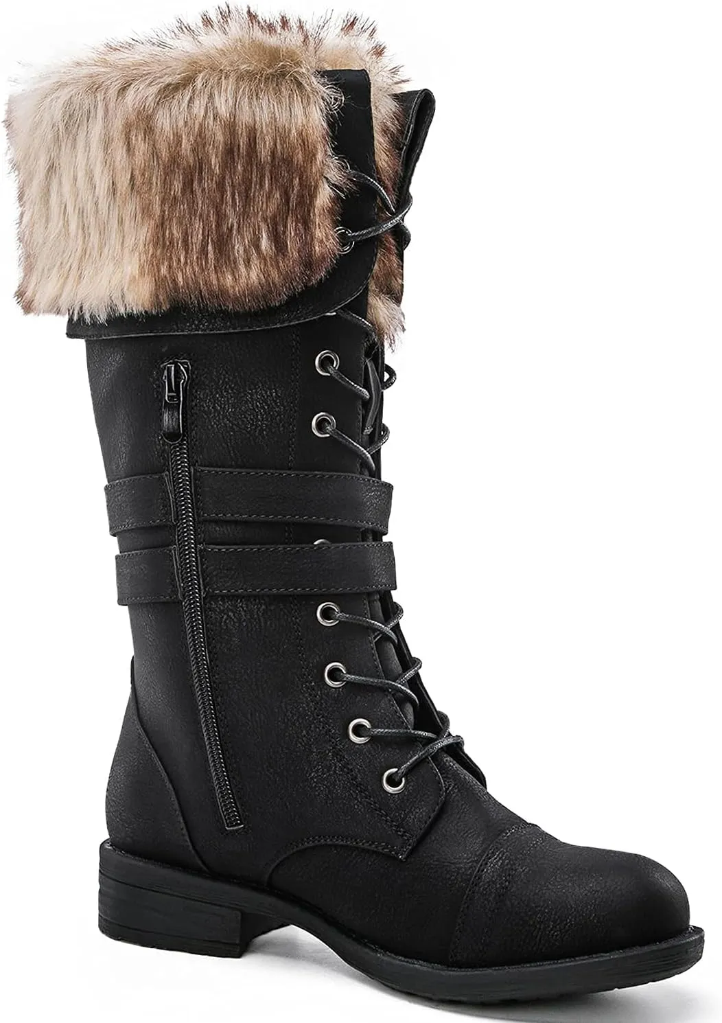GLOBALWIN Women's Mid Calf To Knee High Boots Dressy Lace Up Combat Boots for Women Low Heel