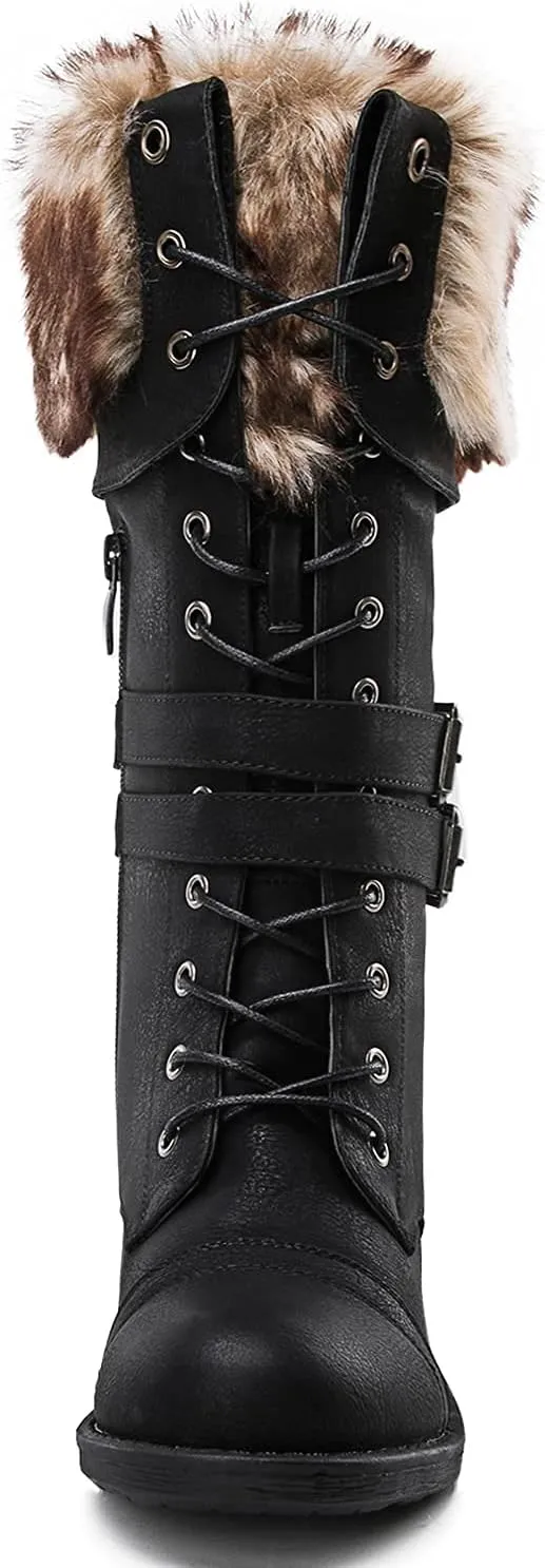 GLOBALWIN Women's Mid Calf To Knee High Boots Dressy Lace Up Combat Boots for Women Low Heel