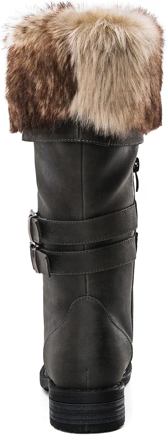 GLOBALWIN Women's Mid Calf To Knee High Boots Dressy Lace Up Combat Boots for Women Low Heel