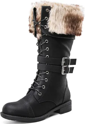 GLOBALWIN Women's Mid Calf To Knee High Boots Dressy Lace Up Combat Boots for Women Low Heel