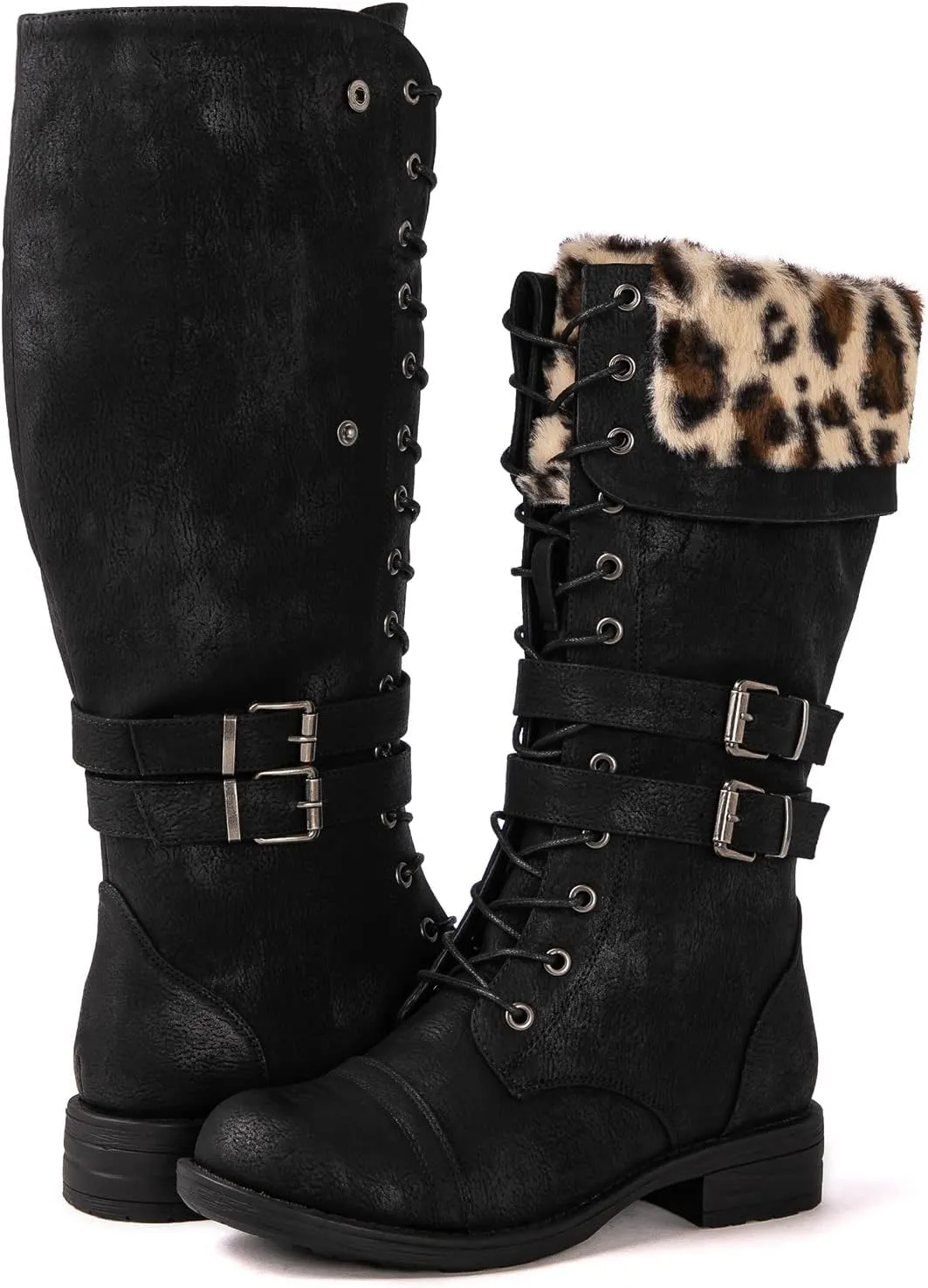 GLOBALWIN Women's Mid Calf To Knee High Boots Dressy Lace Up Combat Boots for Women Low Heel