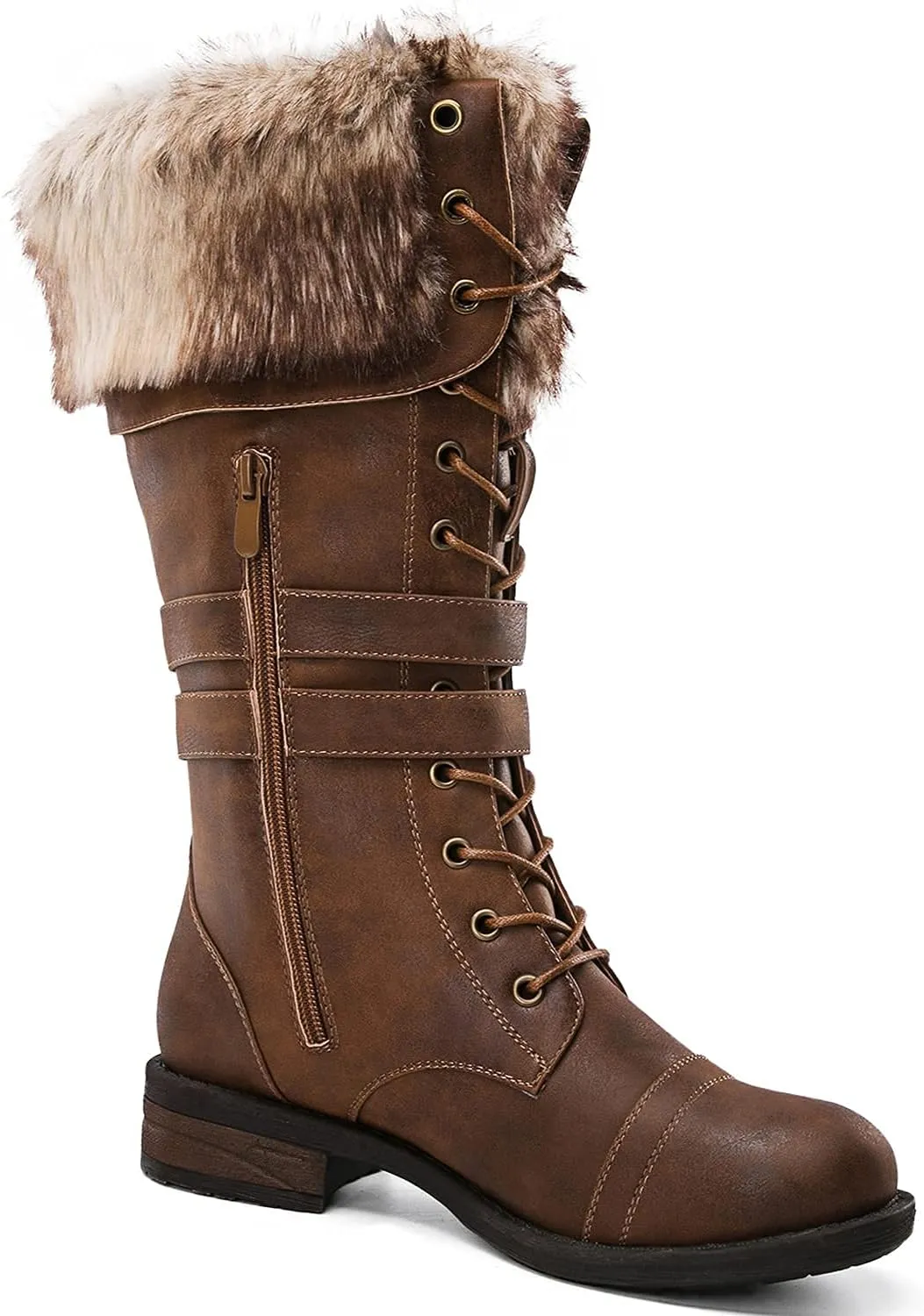 GLOBALWIN Women's Mid Calf To Knee High Boots Dressy Lace Up Combat Boots for Women Low Heel