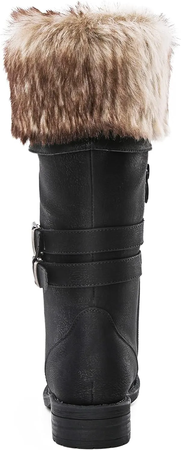 GLOBALWIN Women's Mid Calf To Knee High Boots Dressy Lace Up Combat Boots for Women Low Heel