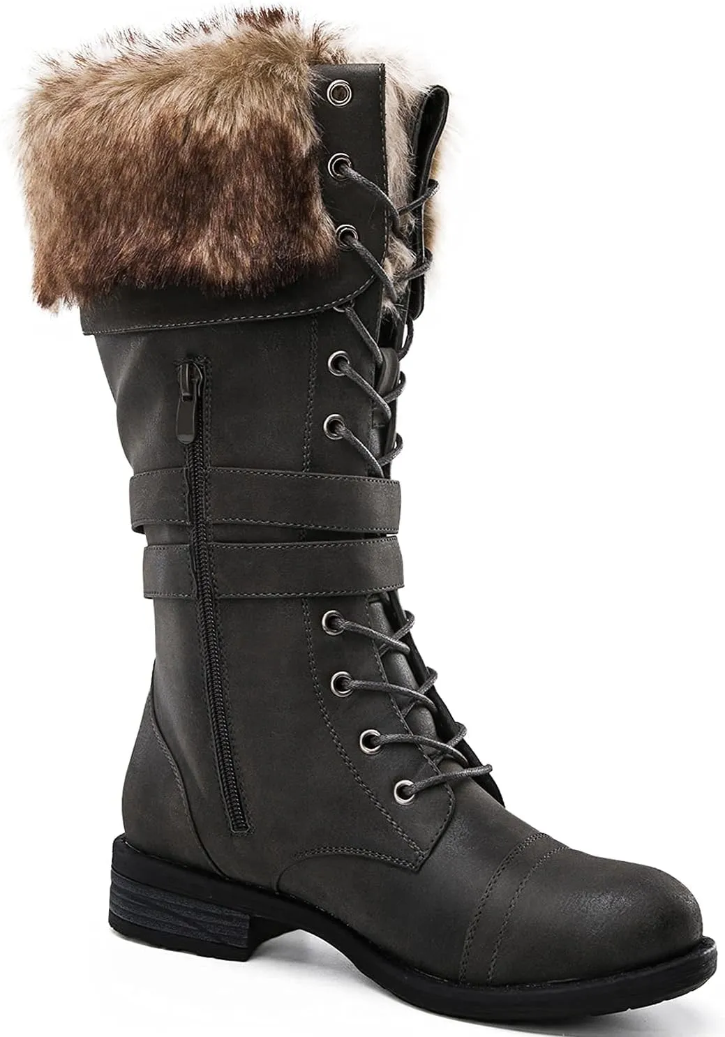 GLOBALWIN Women's Mid Calf To Knee High Boots Dressy Lace Up Combat Boots for Women Low Heel
