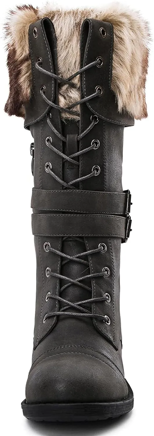GLOBALWIN Women's Mid Calf To Knee High Boots Dressy Lace Up Combat Boots for Women Low Heel