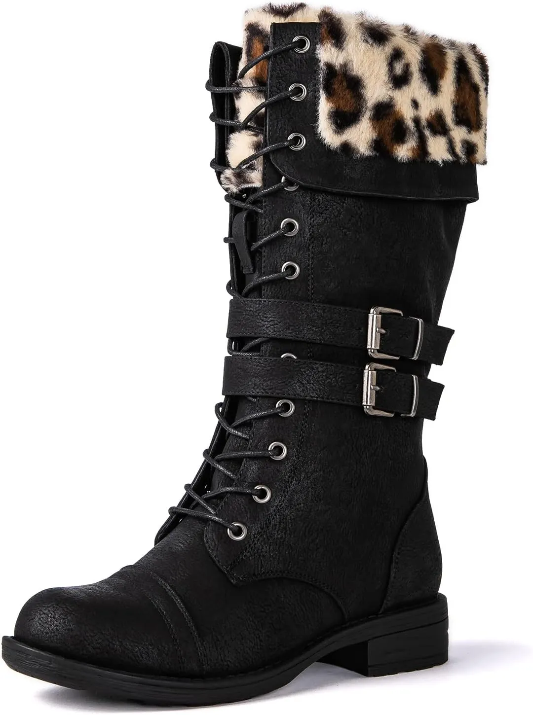 GLOBALWIN Women's Mid Calf To Knee High Boots Dressy Lace Up Combat Boots for Women Low Heel