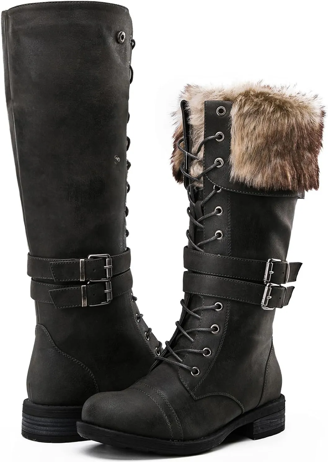 GLOBALWIN Women's Mid Calf To Knee High Boots Dressy Lace Up Combat Boots for Women Low Heel