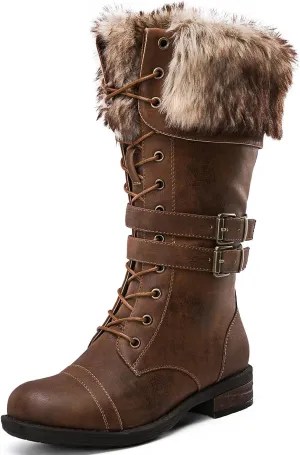 GLOBALWIN Women's Mid Calf To Knee High Boots Dressy Lace Up Combat Boots for Women Low Heel