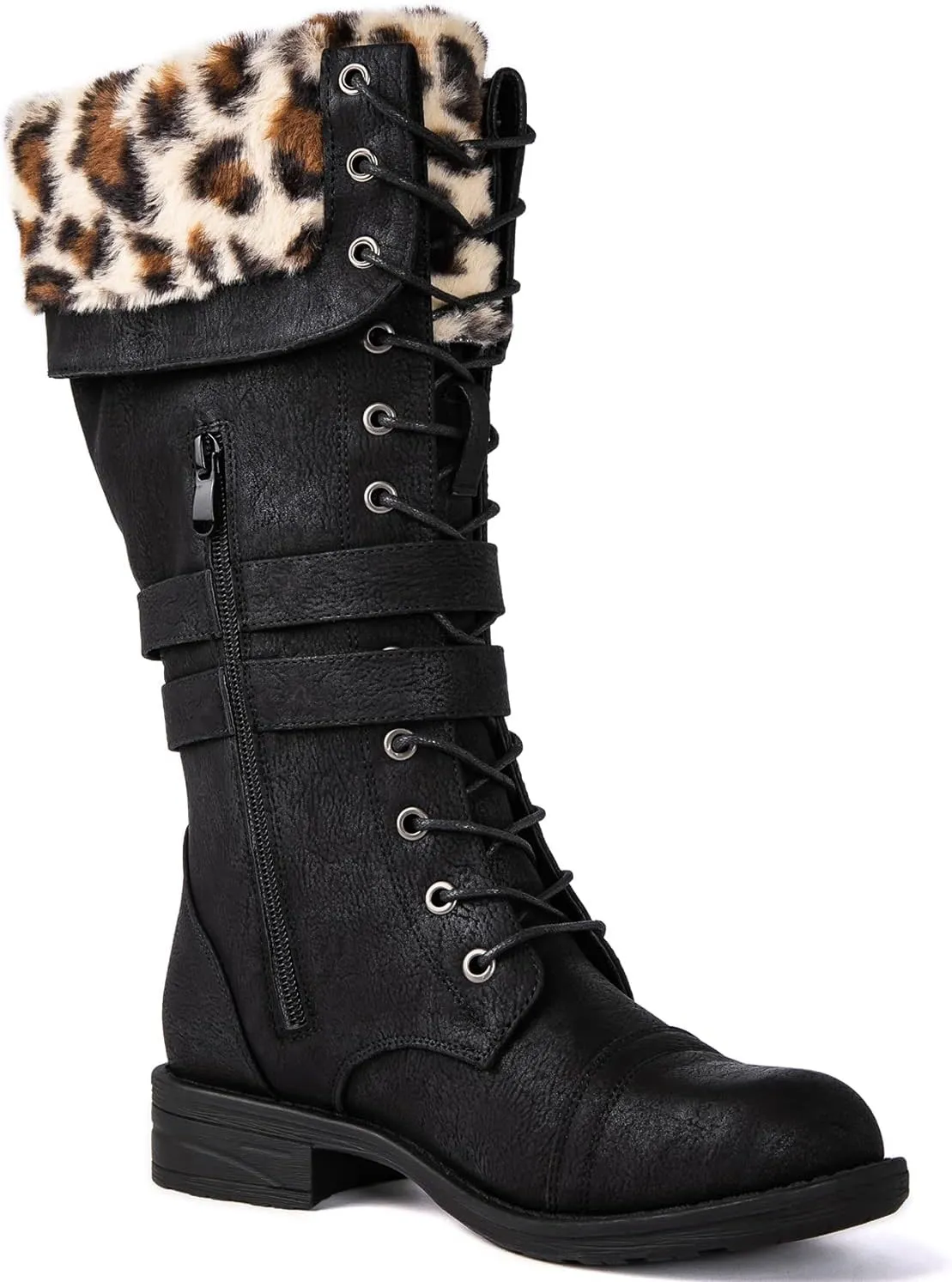 GLOBALWIN Women's Mid Calf To Knee High Boots Dressy Lace Up Combat Boots for Women Low Heel