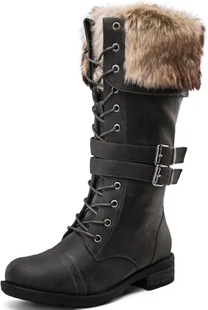 GLOBALWIN Women's Mid Calf To Knee High Boots Dressy Lace Up Combat Boots for Women Low Heel