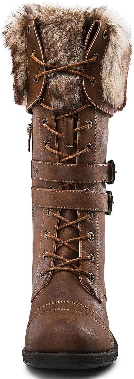 GLOBALWIN Women's Mid Calf To Knee High Boots Dressy Lace Up Combat Boots for Women Low Heel