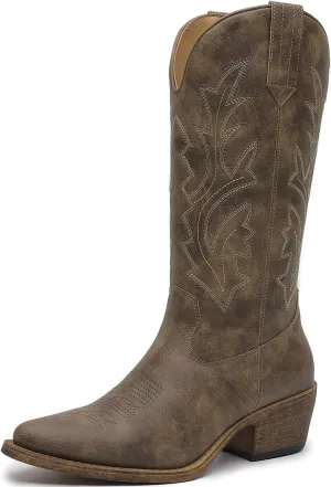 GLOBALWIN Women's Mid Calf Western Cowboy Boots Cowgirl Boots for Women with Floral Embroidery Side Zipper Chunky Heel