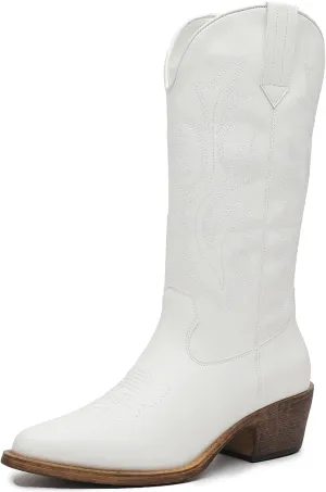 GLOBALWIN Women's Mid Calf Western Cowboy Boots Cowgirl Boots for Women with Floral Embroidery Side Zipper Chunky Heel