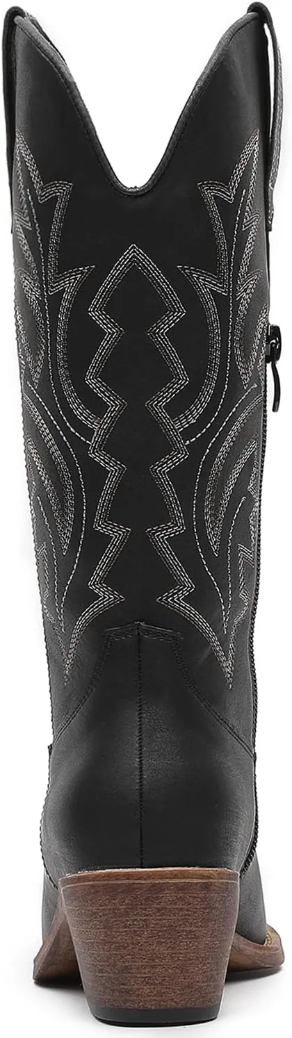 GLOBALWIN Women's Mid Calf Western Cowboy Boots Cowgirl Boots for Women with Floral Embroidery Side Zipper Chunky Heel