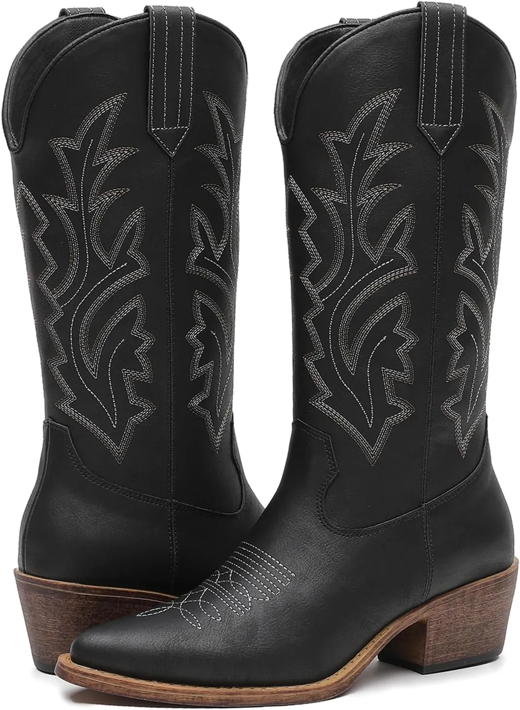 GLOBALWIN Women's Mid Calf Western Cowboy Boots Cowgirl Boots for Women with Floral Embroidery Side Zipper Chunky Heel