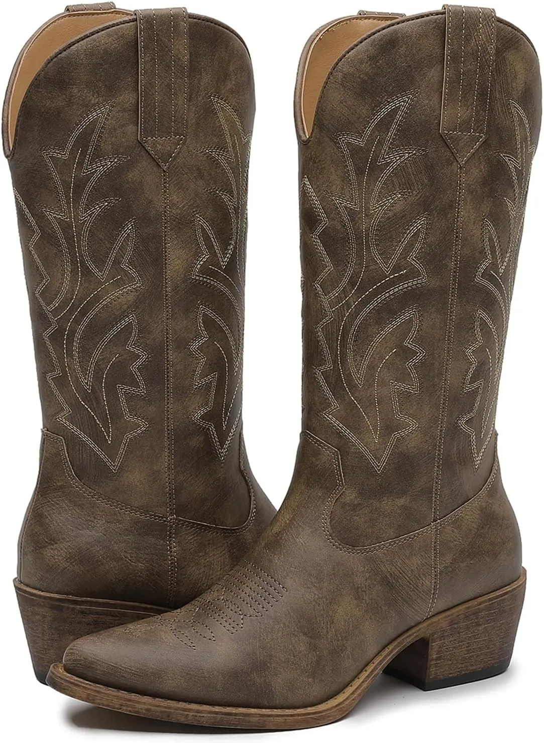 GLOBALWIN Women's Mid Calf Western Cowboy Boots Cowgirl Boots for Women with Floral Embroidery Side Zipper Chunky Heel