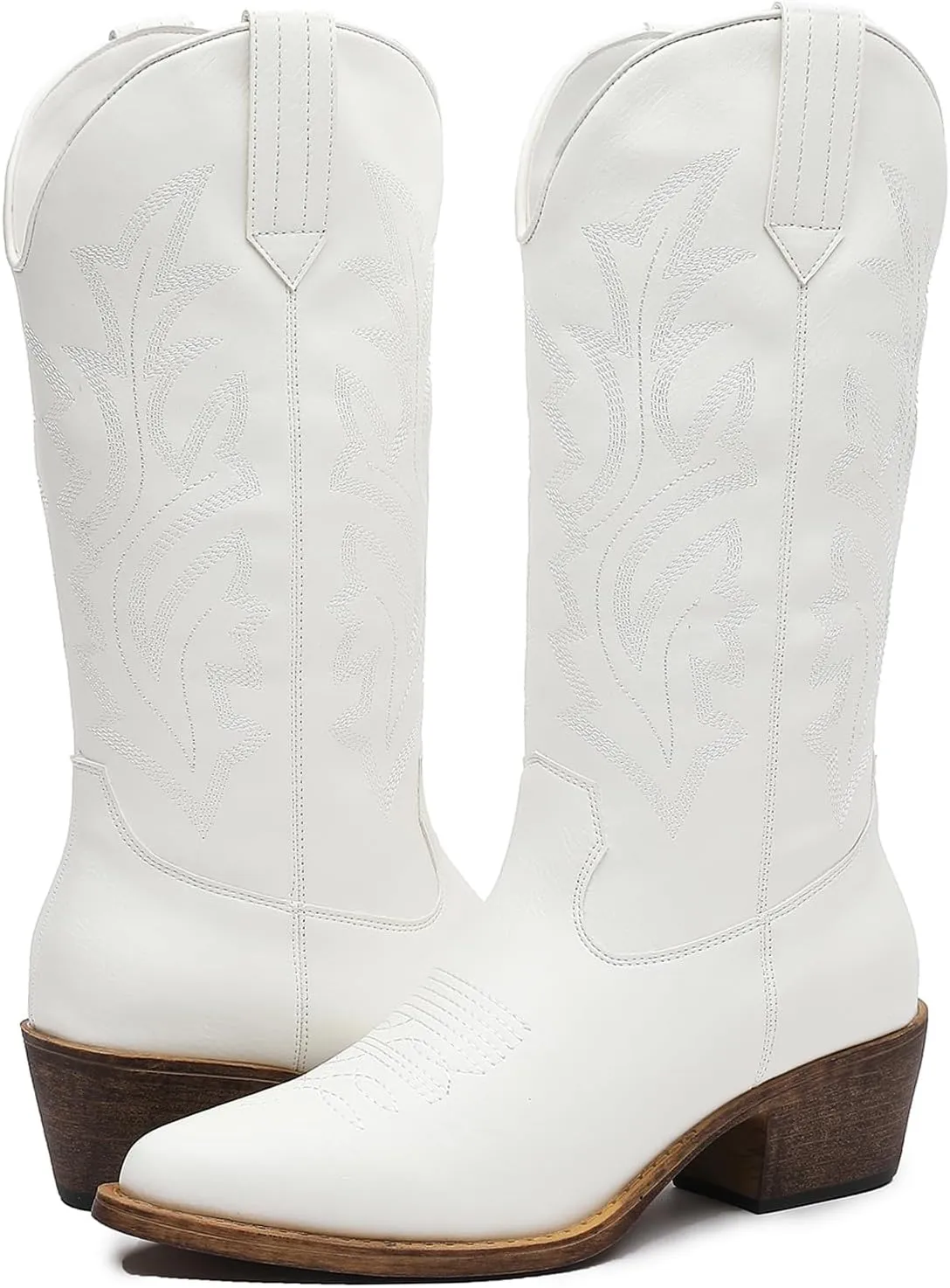 GLOBALWIN Women's Mid Calf Western Cowboy Boots Cowgirl Boots for Women with Floral Embroidery Side Zipper Chunky Heel