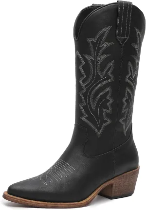 GLOBALWIN Women's Mid Calf Western Cowboy Boots Cowgirl Boots for Women with Floral Embroidery Side Zipper Chunky Heel