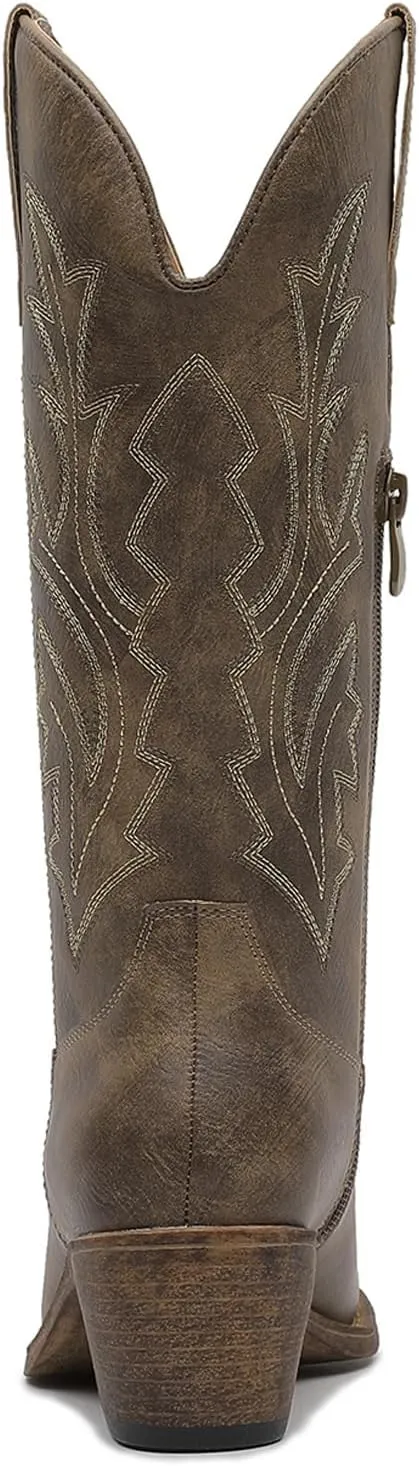 GLOBALWIN Women's Mid Calf Western Cowboy Boots Cowgirl Boots for Women with Floral Embroidery Side Zipper Chunky Heel