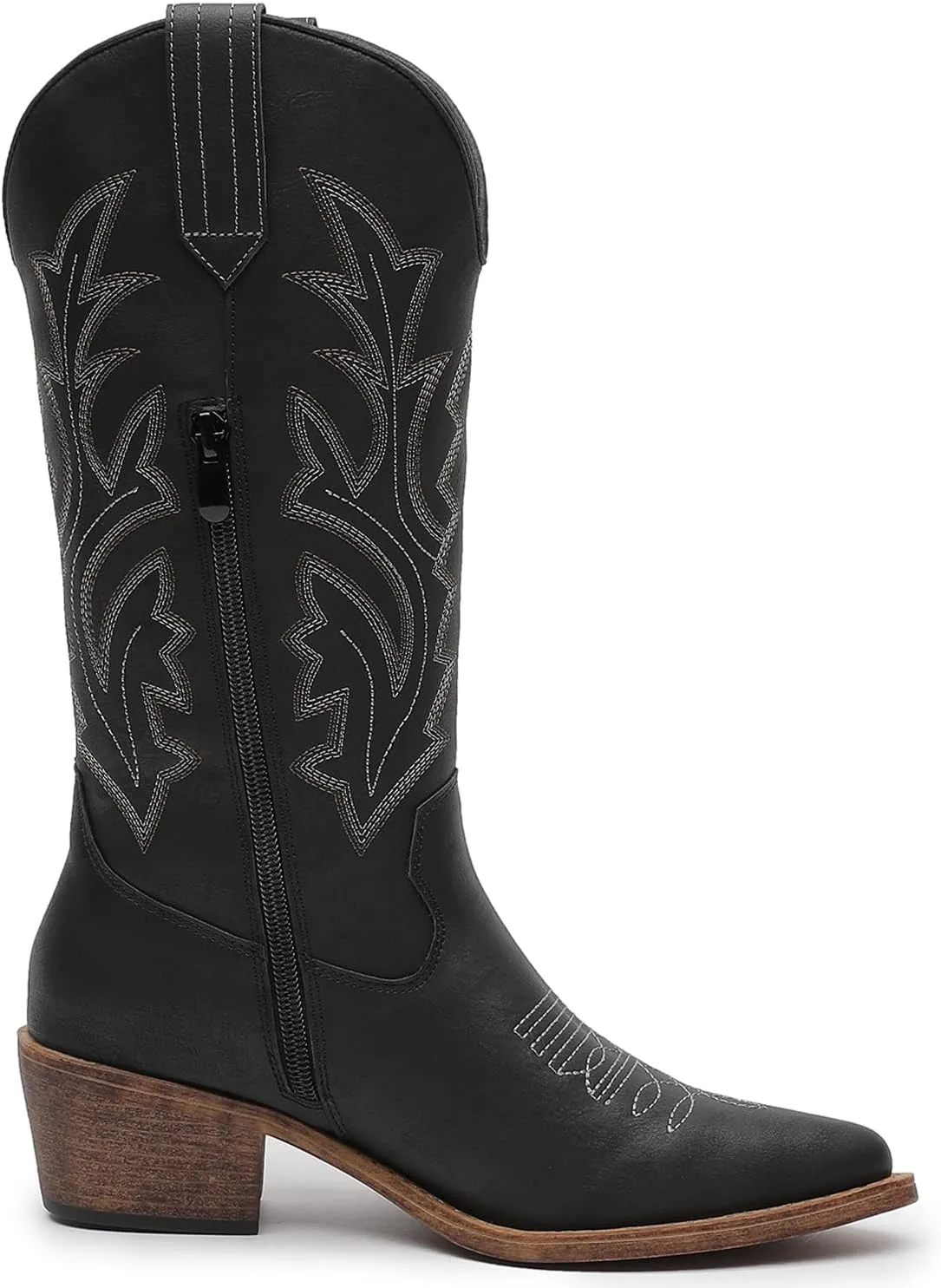 GLOBALWIN Women's Mid Calf Western Cowboy Boots Cowgirl Boots for Women with Floral Embroidery Side Zipper Chunky Heel