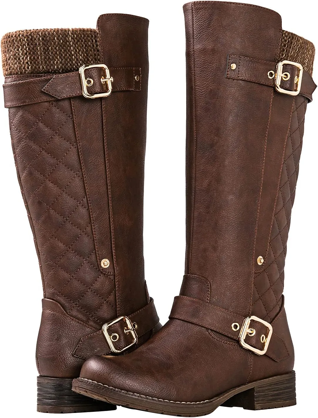 GLOBALWIN Women's Quilted Knee High Boots For Women Low Heel Comfortable Fashion Riding Boots