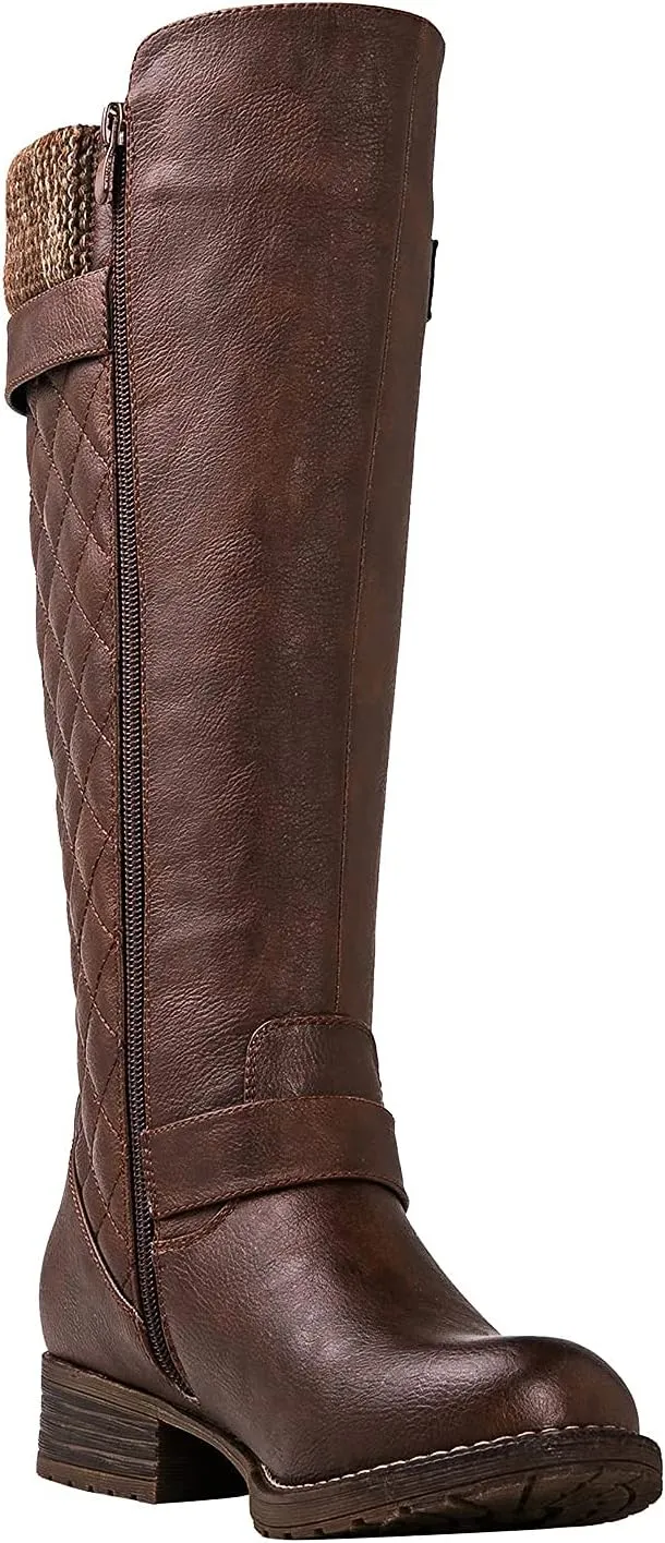 GLOBALWIN Women's Quilted Knee High Boots For Women Low Heel Comfortable Fashion Riding Boots
