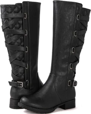 GLOBALWIN Women's Quilted Knee High Fashion Boots Strappy Boots For Women