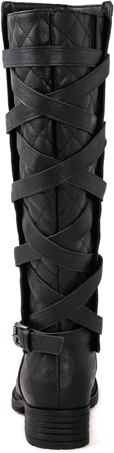 GLOBALWIN Women's Quilted Knee High Fashion Boots Strappy Boots For Women